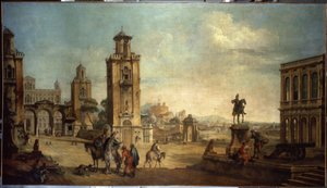 ""Gadescene i en by, den store plads med monumenter"" (Udsigt over en by) Maleri af Francesco Battaglioli (ec. venit.) (1722-1790) Eremitagemuseet fra det 18. århundrede, Sankt Petersborg