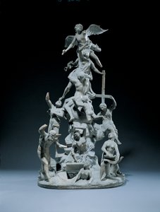 En udskåret allegorisk gruppe, der repræsenterer opstandelsen (hvid marmor) af Francesco Bertos