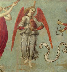 Engel spiller på sækkepibe, ca. 1475-97 tempera på paneldetalje af 64871, se også 64873 og 64874
