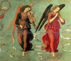 Engle spiller violin og pibe, ca. 1475-97 tempera på paneldetalje af 64871, se også 64872 og 64873