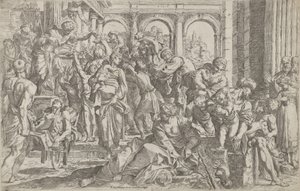 Saint Roch til venstre uddeler almisse til en gruppe mennesker, der var samlet omkring ham, efter ..., 1590-1600.