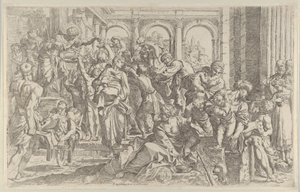 Saint Roch til venstre uddeler almisse til en gruppe mennesker, der var samlet omkring ham, af..., ca. 1590-1600.