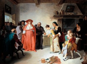 Kardinal Borromeo besøger Lucy i skrædderens hus, scene fra Trolovet af Alessandro Manzoni (1785-1873), af Francesco Coghetti (1804-1875), olie på lærred, 35,3 x 47,4 cm