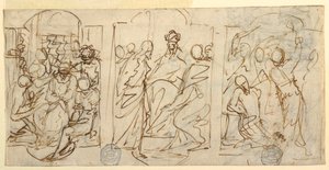 Tegning, Passionens tre stadier: Hånen, Kristus foran Pilatus, Flagellation, ca. 1848 af Francesco Coghetti