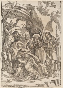 Den hellige familie med Sankt Sebastian og Sankt Roch af Francesco Denanto