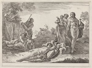 Apollo og nymfer i et landskab med en buste af pan af Francesco Fontebasso