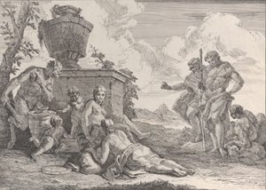 Satyr med klub og syv figurer, fra Bacchanals and Histories, 1744. af Francesco Fontebasso