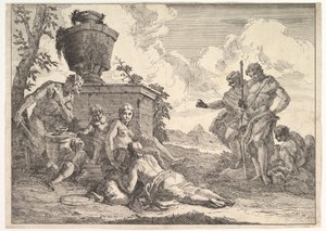Satyr med klub og syv figurer, fra Bacchanals and Histories, 1744. af Francesco Fontebasso