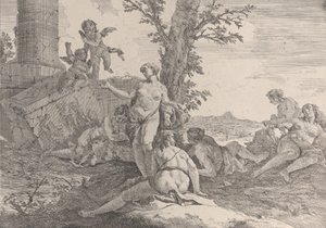 Seks nymfer og to putti, fra Bacchanals and Histories, 1744. af Francesco Fontebasso