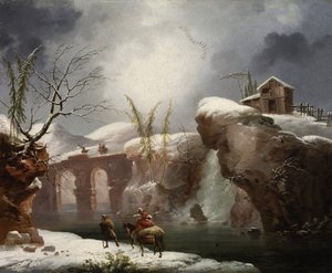 Et vinterlandskab med rejsende ved en flod