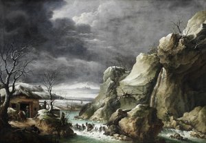 Rejsende nærmer sig en lade i et vinterlandskab under en stormfuld himmel