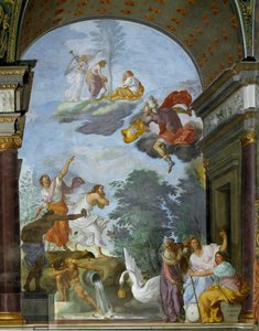 Allegori om Lawrence de Medici il Magnificents (1449-1492) død. Til højre, repræsentation af skæbnens guddomme, kabinetterne (eller parkerne): Clotho, Lachesis og Atropos. Fresco af Francesco Furini (160).