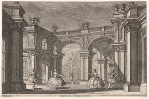 To damer og to herrer danser i udsmykkede arkitektoniske omgivelser, et springvand ved..., 1765.