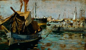 På arbejde i Livornos havn (Leghorn) af Francesco Gioli (1846-1922), olie på panel, 22x38 cm