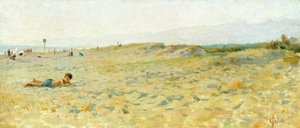 Strand i Cinquale af Francesco Gioli (1846-1922), olie på panel