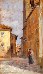 På gaden i Volterra af Francesco Gioli (1846-1922), olie på panel, 38x23 cm