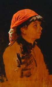 Rødt tørklæde af Francesco Gioli (1846-1922), olie på panel, 28x17 cm