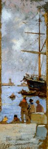Udsigt over havnen i Livorno af Francesco Gioli (1846-1922), olie på lærred overført til pap, 38x12 cm