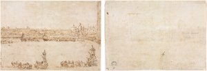 En procession af triumfbiler på Piazza San Marco, Venedig, der fejrer besøget af Conti del Nord (recto) Tre skitser af buer (verso) af Francesco Guardi