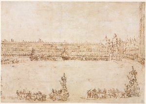 En procession af triumfbiler på Piazza San Marco, Venedig, fejrer besøget..., 1782. af Francesco Guardi