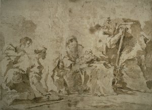 Hyrdernes tilbedelse (recto); Tre skitser: Bygninger ved kanal med både, landskab med bygninger på bjergskråning, bygninger med søjlegang (bagside) af Francesco Guardi
