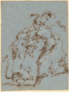 En elegant klædt kvinde, der kæmper med en løve af Francesco Guardi