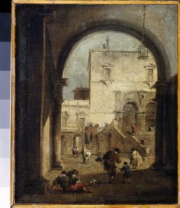Venetiansk Capriccio: udsigt over en plads og et palads maleri af Francesco Guardi (1712-1793) 1775-1780 Søn. 27x23 cm Eremitagemuseet, Sankt Petersborg af Francesco Guardi
