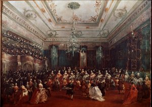 Gallakoncert på Casino dei Filodrammatici i Venedig Kvindekoncert. Maleri af Francesco Guardi (1712-1793) Dim.67x90 cm München, Alte Pinakothek af Francesco Guardi