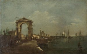 Landskab med kaj og skibe på en sø af Francesco Guardi