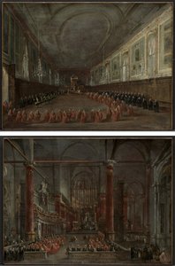 Pave Pius VI stiger ned på tronen for at tage afsked med dogen i SS Hall. Giovanni e Paolo, 1782 og pavelig ceremoni i SS. Giovanni e Paolo, Venedig, 1782 (par) af Francesco Guardi