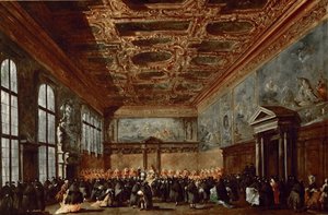Dogen fra Venedig giver publikum i Sala del Collegio i Doges Palace af Francesco Guardi