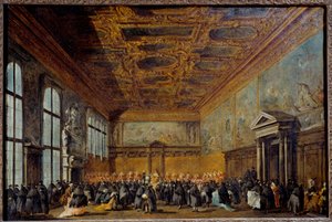 Publikum skænket af Dogen af Venedig (sandsynligvis Alvise IV Mocinego (1701-1778)) i College Hall ved Hertugpaladset i Venedig Maleri af Francesco Guardi (1712-1793) 1766-1770 Søn. 0,67 x 1,01 m af Francesco Guardi