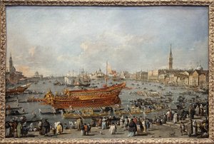Starten af Bucentaurus (Bucentoro) mod Lido i Venedig på Kristi Himmelfartsdag, Dogen deltager i den store begivenhed af Kristi Himmelfartsfestlighederne, brylluppet i Venedig med Adriaterhavet til minde om erobringen af Dalmatien i det 14. århundrede af Francesco Guardi