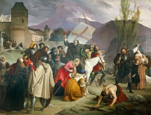 Peter Eremit rider på hvidt muldyr med krucifiks i hånden og cirkulerer gennem byer og landsbyer og prædiker korstog af Francesco Hayez