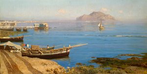 Marina med båd og fiskere, af Francesco Lojacono (1838-1915), olie på lærred, 61x118 cm af Francesco Lojacono