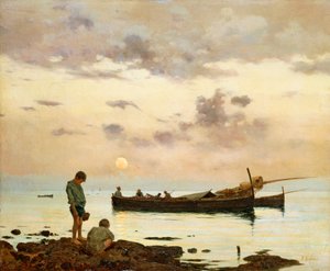 Marina med fiskerbåd og drenge, af Francesco Lojacono (1838-1915), olie på lærred, 64x77 cm af Francesco Lojacono