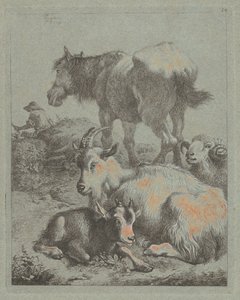 Hest, vædder, ged med kid, i det fjerne en hyrde med flok, 1759. af Francesco Londonio