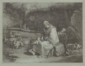 Interiør af en stald med siddende spinner og sovende barn, 17591782. af Francesco Londonio