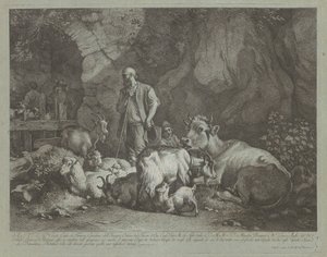 Gammel, skaldet hyrde, siddende hyrdedreng og flok