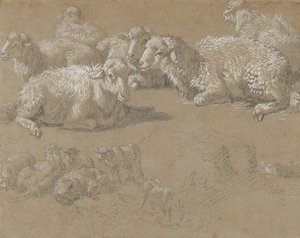 Liggende får i et landskab, 1759-82. af Francesco Londonio