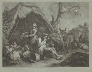 Siddende gammel mand og kvinde med en kurv med æg, 17591782. af Francesco Londonio