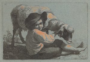 Siddende bondedreng holder et får. af Francesco Londonio