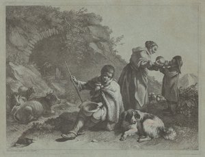Siddende hyrde dreng og kvinde giver en drink til et barn, 17591782. af Francesco Londonio