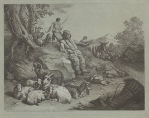 Siddende hyrde foran en flok geder af Francesco Londonio