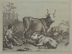 Siddende hyrde med en tyr og okse af Francesco Londonio
