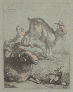 Siddende hyrdinde, en vædder, et får og en ged, 1759. af Francesco Londonio
