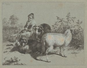 Siddende hyrdinde med tre væddere, 1762. af Francesco Londonio