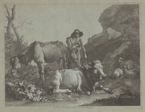 Hyrde hviler på en vandrestav med en gammel hest og en liggende tyr af Francesco Londonio