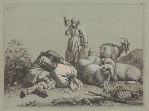 Sovende bonde og stående spinder, 1763. af Francesco Londonio
