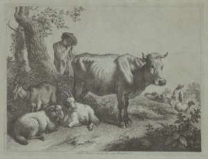 Stående ko og en hyrdedreng med flok, 1760